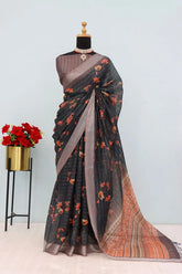 Linen Digital Print Black Saree With Unstiched Blouse Piece-MPHL-32-BLACK